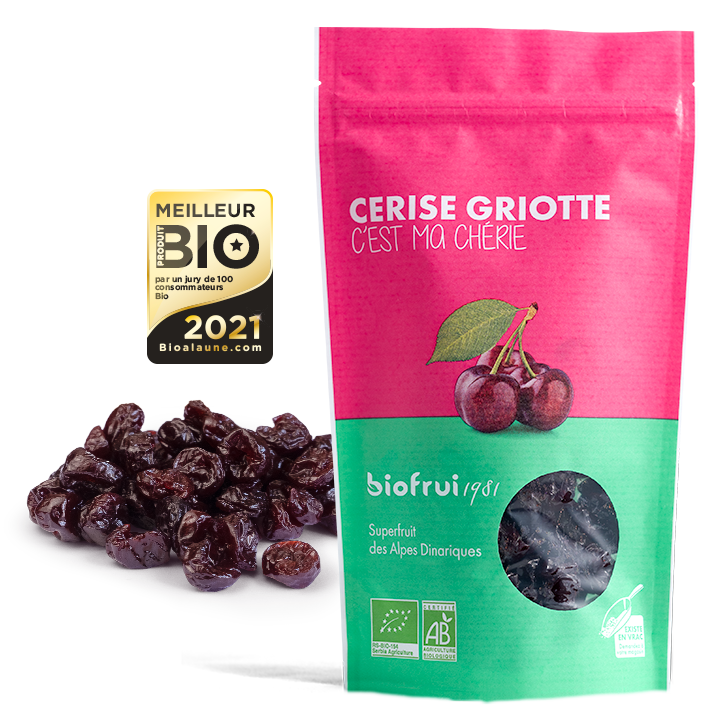 Cerises griottes séchées et leur sachet doypack éco-conçu Biofruisec